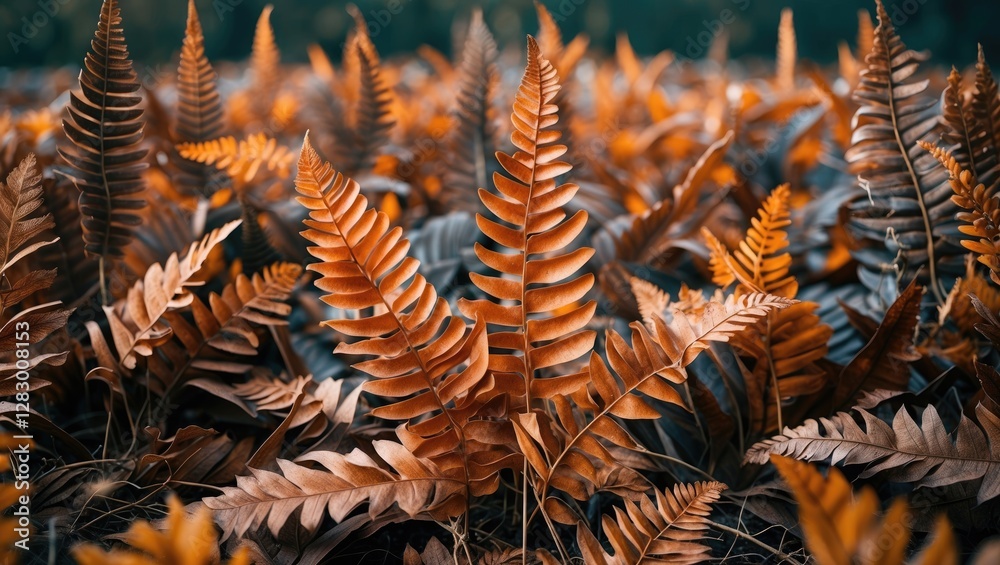 Poster ferns with vibrant orange and brown colors in a lush field capturing autumn foliage texture and deta