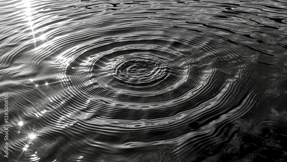 Poster Black and white close-up of water surface with circular ripples reflecting light and creating a texture pattern