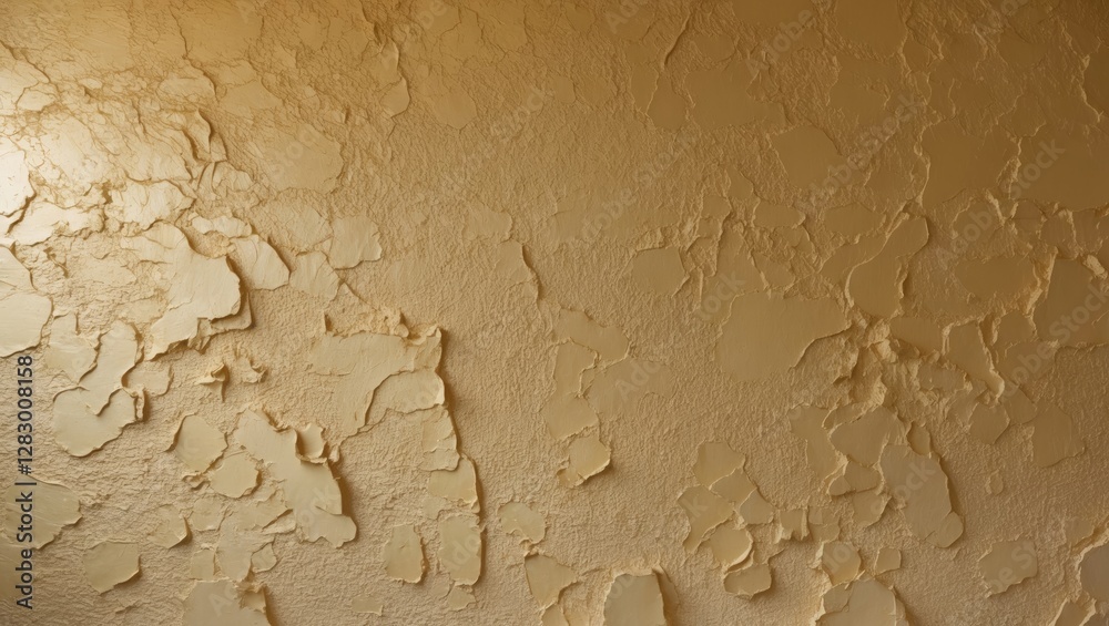 Poster Textured and cracked wall surface in faded golden color with irregular patterns and layers peeling off