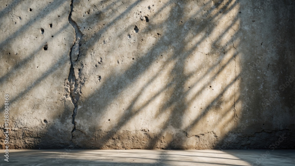 Poster textured concrete wall with cracks and shadows casting lines on the surface, low lighting and neutra