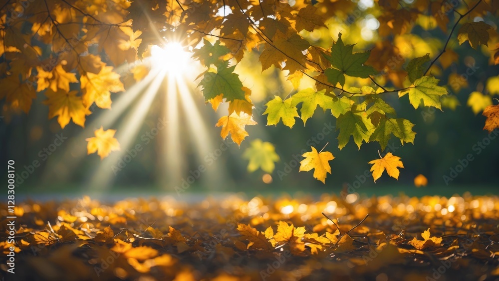 Poster Autumn leaves illuminated by sunlight with rays shining through a tree canopy in a forest setting