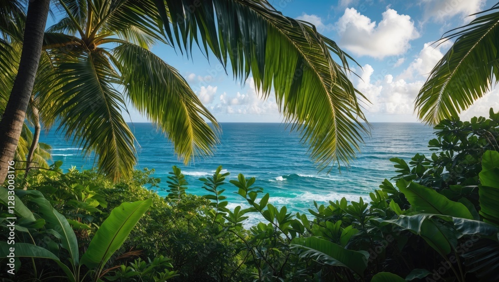 Poster tropical landscape with palm trees and ocean view under a blue sky with clouds in a serene coastal e