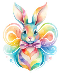 Naklejka premium Easter Water Color Bunny Png, Rainbow Bunny with Bow – Vibrant Easter Illustration. Colorful Fantasy Rabbit Art – Stunning Digital Easter Design. Perfect for all print Items