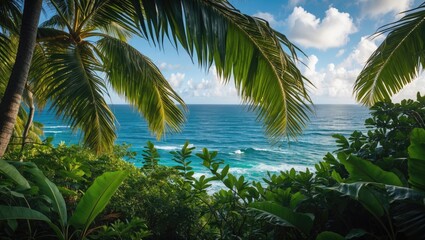 Obraz premium Tropical landscape with palm trees and ocean view under a blue sky with clouds in a serene coastal environment