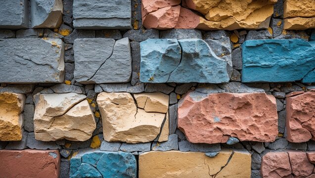 Colorful textured stone wall with blue, pink, yellow, and gray stones featuring cracks and weathered appearance - Powered by Adobe