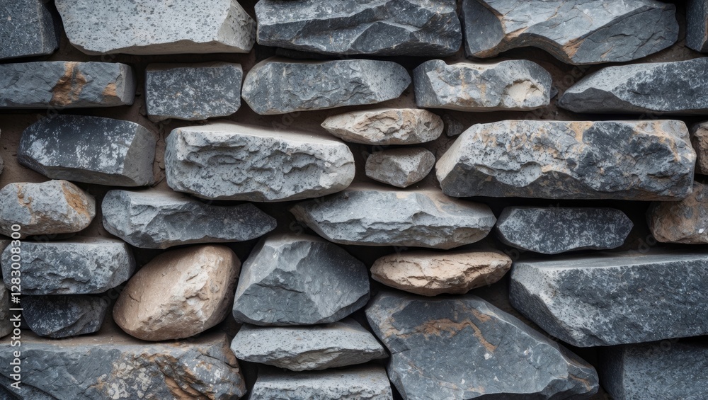 Aufkleber textured stone wall composed of various shapes and sizes of gray and beige stones arranged in a stac