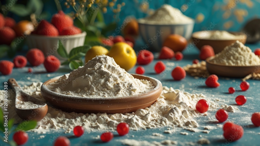 Poster bowl of flour with fresh berries and citrus fruits on a rustic kitchen table with blue background an