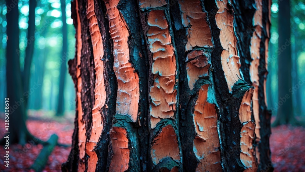 Aufkleber Close-up view of textured tree bark in a colorful forest setting with blurred background and fallen leaves on the ground