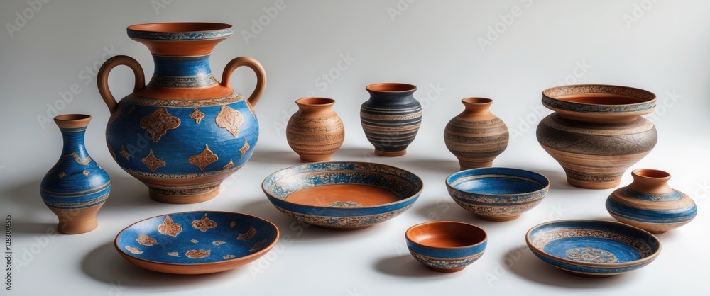 Aufkleber decorative pottery collection featuring a variety of vases and bowls with intricate blue and orange 