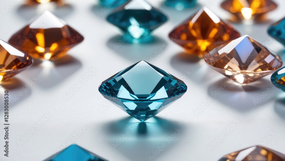 Poster colorful geometric gemstones arranged on a white surface showcasing blue and amber hues with reflect
