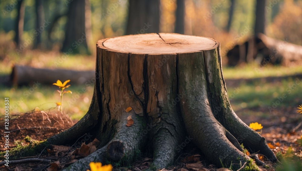 Poster tree stump with visible rings and roots surrounded by autumn foliage and wildflowers in a forest set