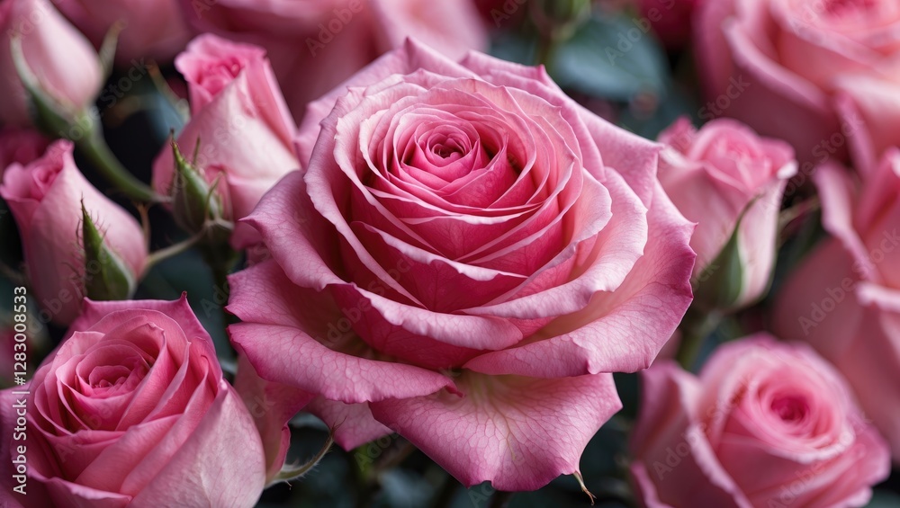 Poster pink roses in full bloom surrounded by buds in a garden setting focusing on the intricate petals and