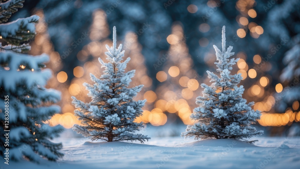 Poster snow-covered evergreen trees in winter landscape with blurred lights in background creating a festiv