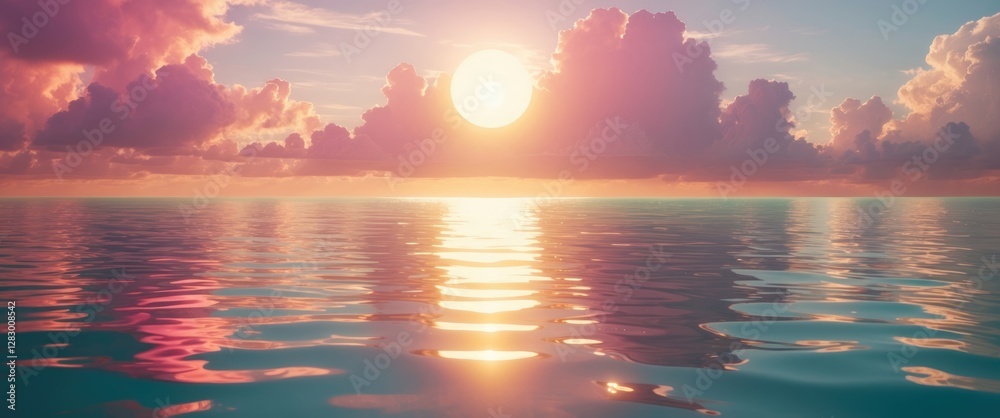 Poster sunset over tranquil ocean waters with colorful clouds reflecting on the surface during twilight hou