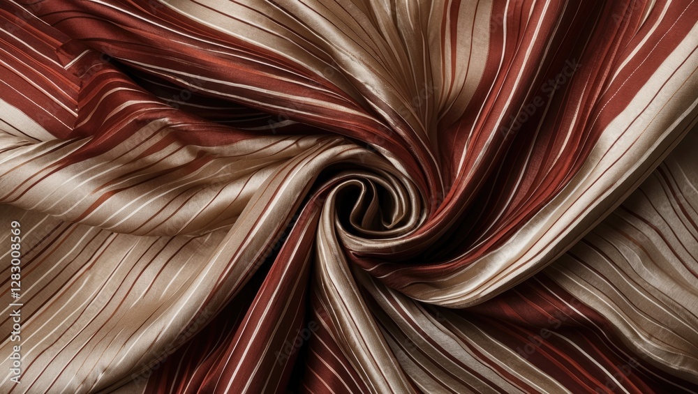 Poster Textured fabric with swirling pattern of red and beige stripes creating a dynamic visual effect suitable for backgrounds or textile concepts