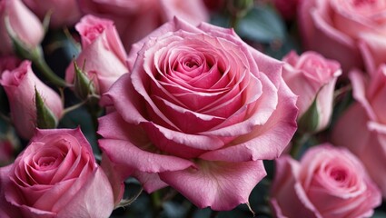 pink roses in full bloom surrounded by buds in a garden setting focusing on the intricate petals and soft gradient colors