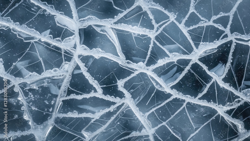 Poster Ice surface with cracks and bubbles creating intricate patterns and textures in a cold blue background