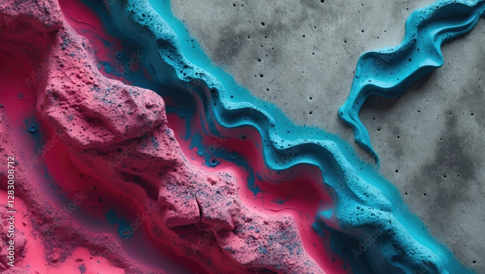 Aufkleber Abstract top view of textured surface with pink and blue wavy patterns on gray background resembling modern artistic design