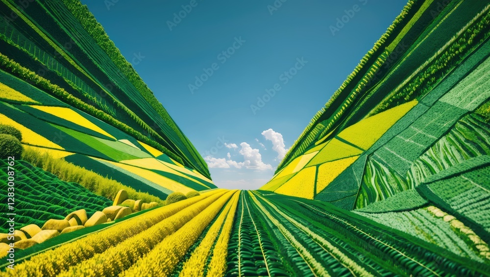 Aufkleber vibrant patchwork landscape with rolling green and yellow fields under a clear sky showcasing agricu