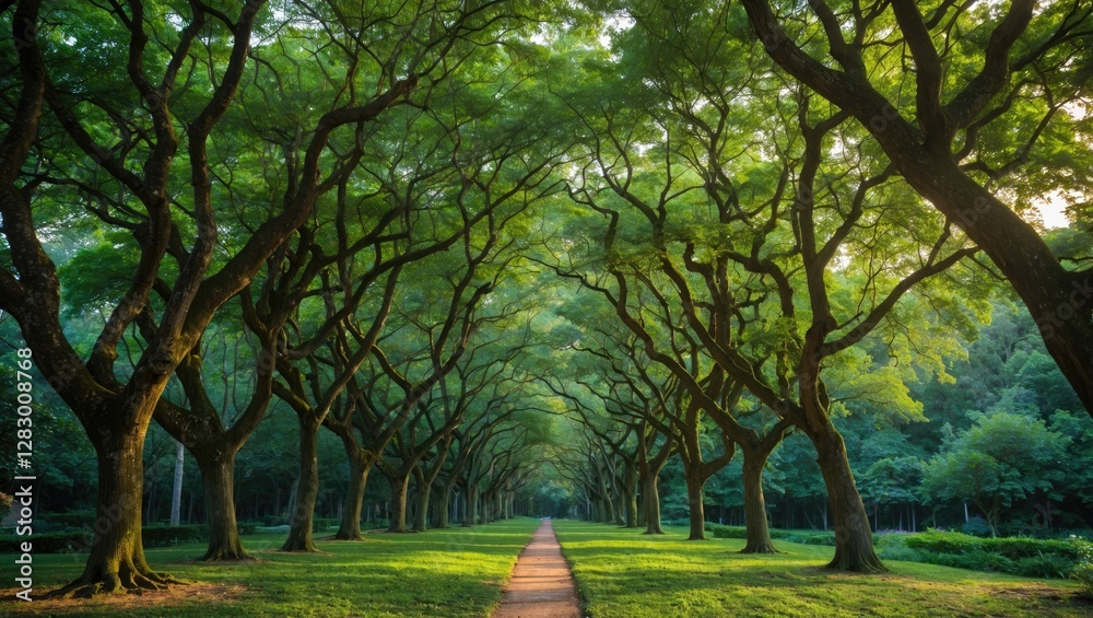 Poster Lush green pathway flanked by tall trees creating a natural tunnel effect in a serene park landscape