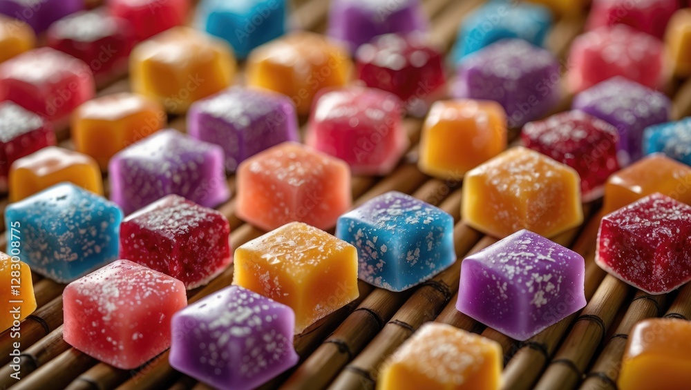 Poster colorful candy pieces arranged neatly on a bamboo mat surface with a focus on their vibrant hues and