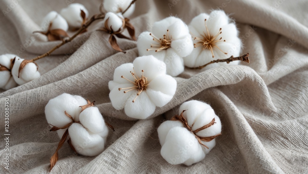 Poster cotton flowers and branch arranged on a textured fabric surface showcasing natural elements and soft