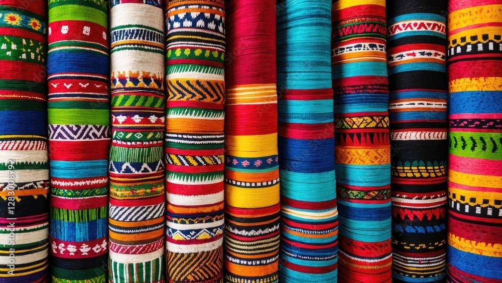 Aufkleber Vibrant display of colorful textile rolls showcasing intricate patterns and designs in various hues and textiles arranged in a row
