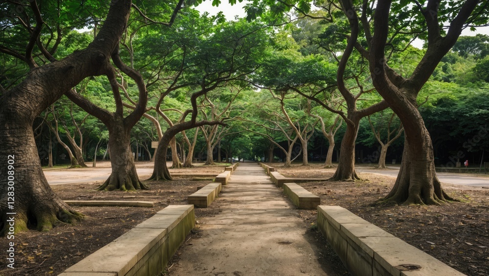 Poster pathway surrounded by dense green trees in a natural park setting