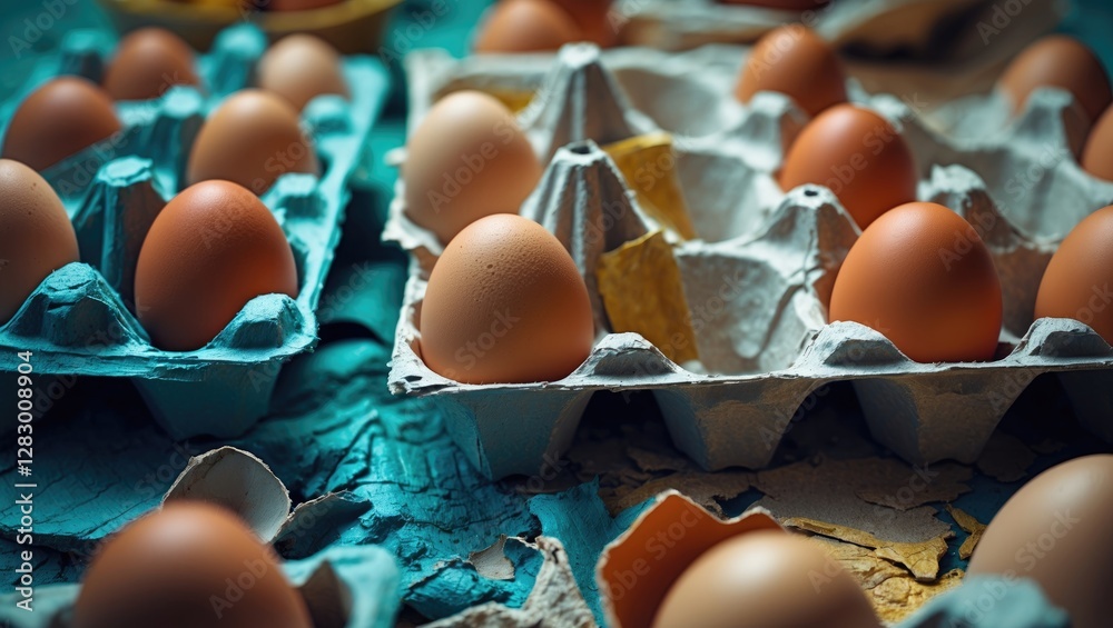 Aufkleber Fresh brown eggs in cardboard cartons displayed on textured surface with light reflections and shadows creating visual depth.