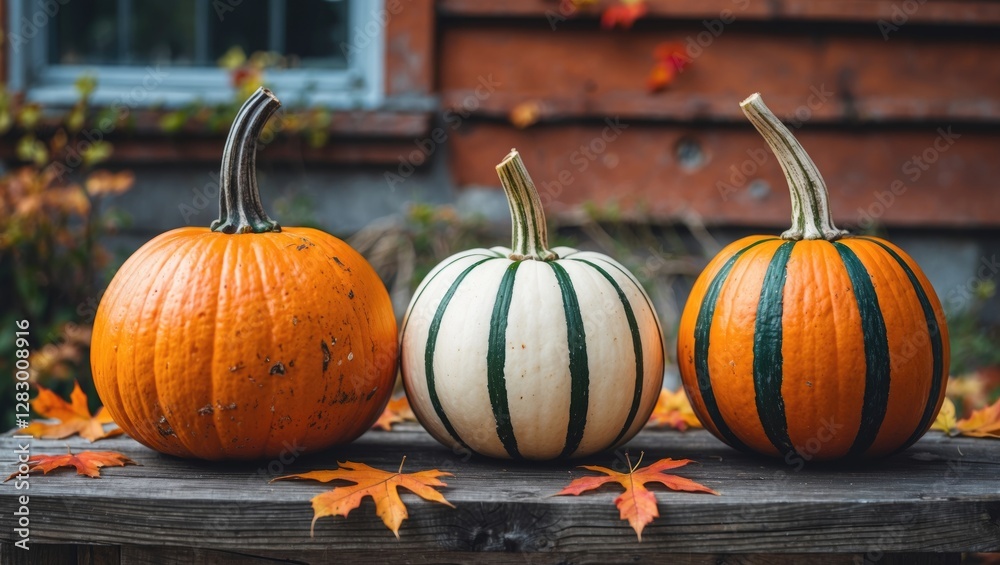 Poster three decorative pumpkins in autumn colors arranged on a wooden table with fallen leaves and a rusti