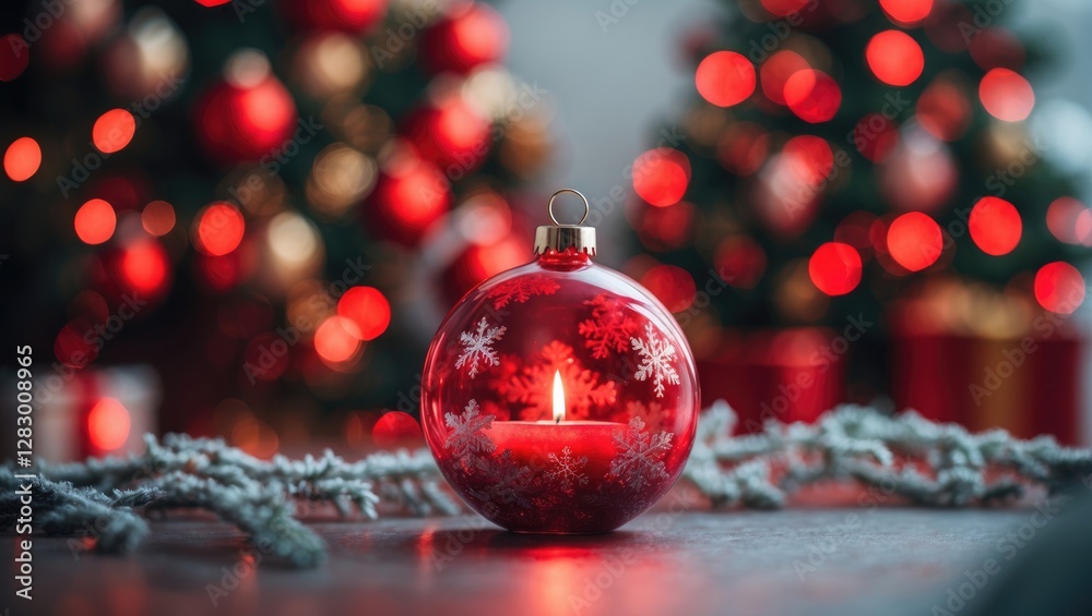 Poster Red Christmas ornament with snowflake design and candle in foreground, blurred Christmas trees with red bokeh lights in background.