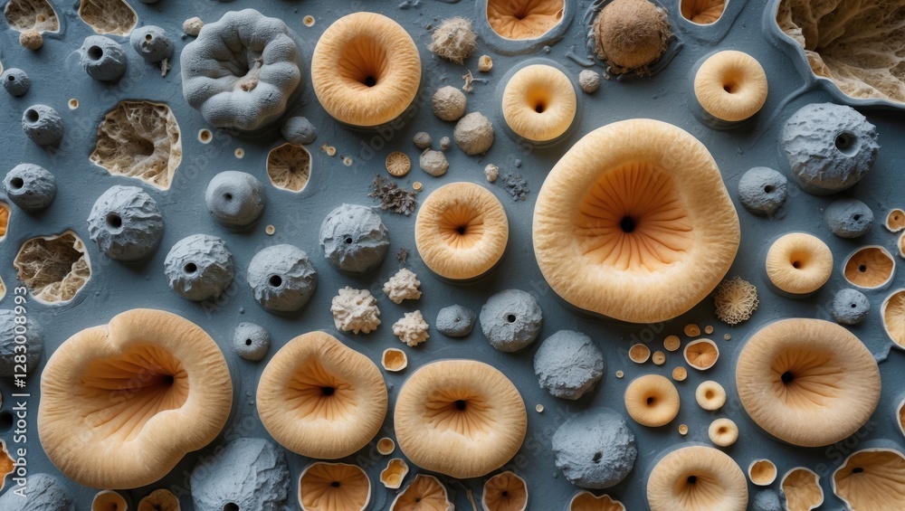 Poster colorful texture backdrop of abstract shapes resembling spores or fungi on a blue surface in a close