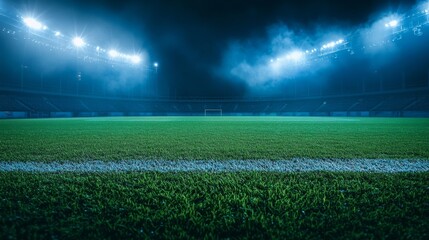 Obraz premium Bright stadium lights illuminate the lush green pitch before a night football match in an empty arena