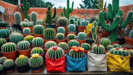 Fototapeta premium Colorful Cactus Nursery with Varied Flora Neatly Arranged in Pots and Bags Ideal for Spring Garden Tourism and Botanical Enthusiasts