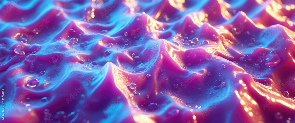 Aufkleber abstract colorful fluid surface with ripples and water droplets in vibrant blue and pink hues illumi