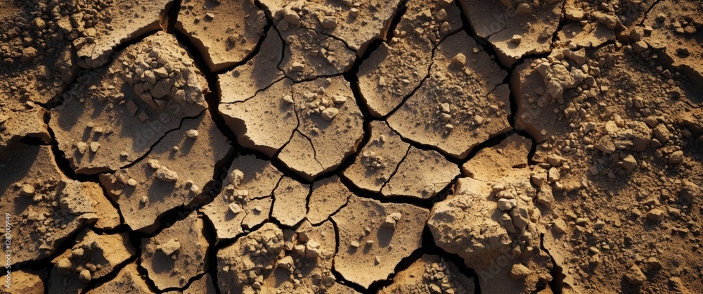 Poster cracked dry soil texture background with uneven surface and sandy particles in natural environment.