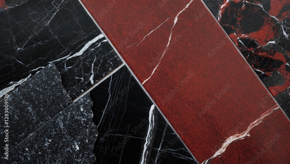 Aufkleber Black and red polished marble floor tiles with white vein patterns arranged in a geometric layout.