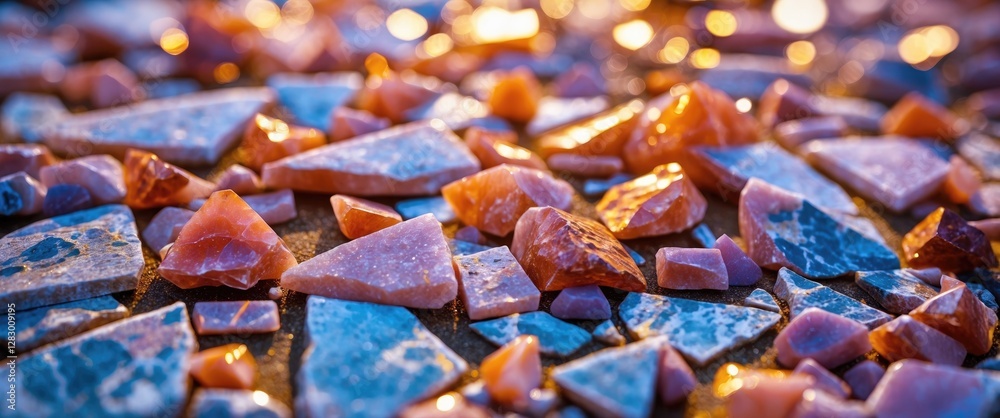 Aufkleber colorful gemstone fragments with varying shapes and sizes, reflecting light on a textured surface, a