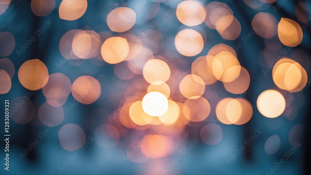 Poster bokeh lights in winter landscape creating a soft dreamy atmosphere in evening twilight with warm ora