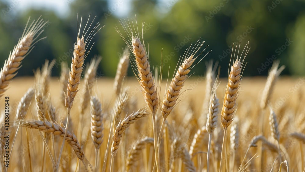 Poster golden wheat field with ripe ears of grain in close-up against a blurred green background during day