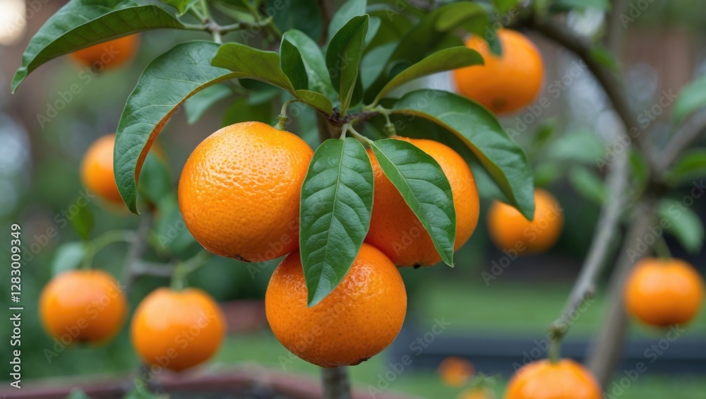 Poster close-up view of ripe oranges hanging on a tree branch surrounded by green leaves in a natural outdo
