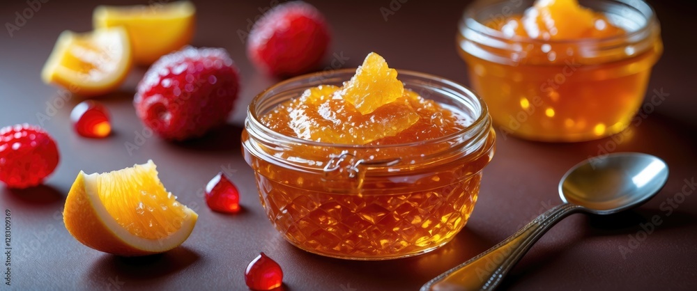 Poster orange and raspberry jelly in glass jars with fruit slices on a dark background
