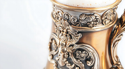 A gold and silver cup with a floral design sits on a white background