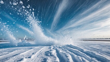 Obraz premium Dynamic winter snow blizzard pattern showcasing wind-driven snowflakes and textured snow surface, capturing a chilly airport scene.