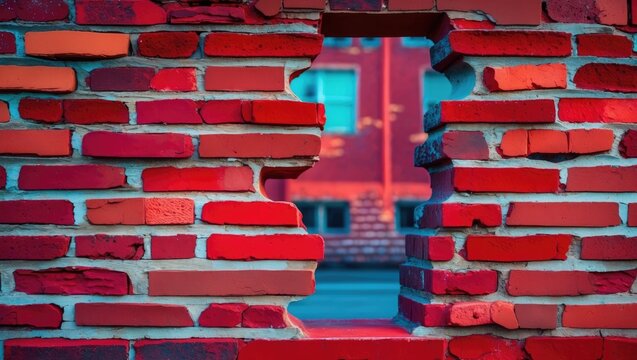 Red brick wall texture with a missing section showcasing detailed elements of a building facade in an urban setting.