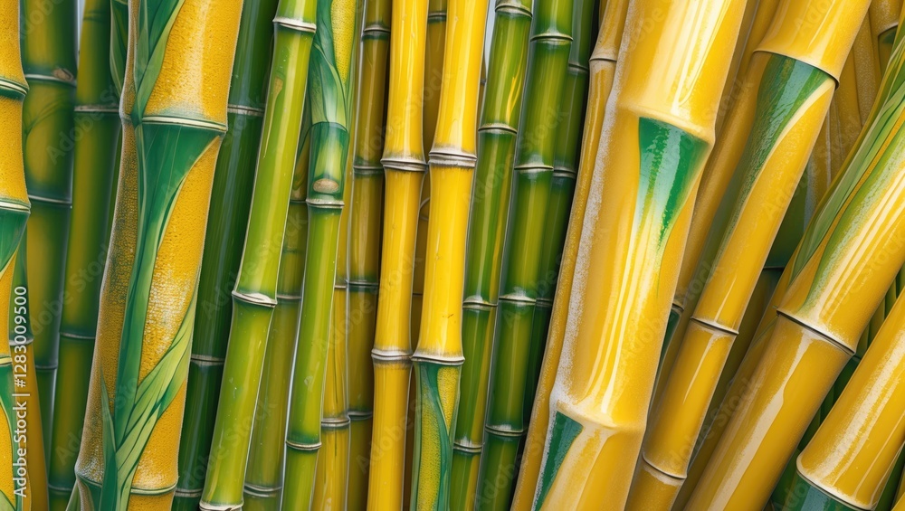 Poster close-up of vibrant yellow and green bamboo stalks intertwined in a textured arrangement showcasing 