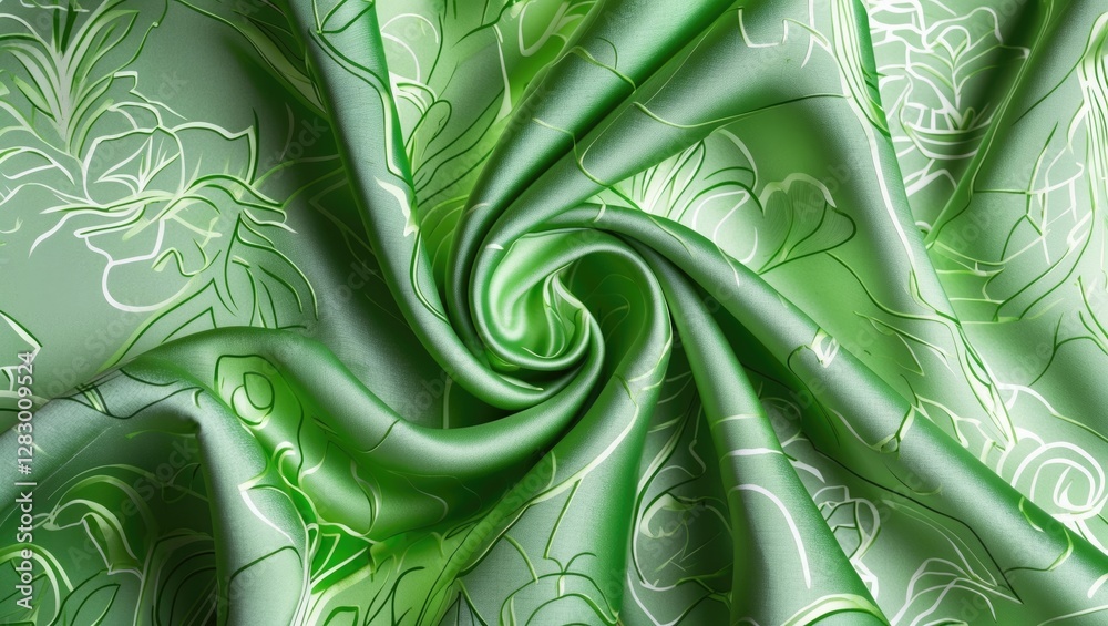 Poster green floral patterned silk fabric twisted in a circular formation showcasing texture and design det