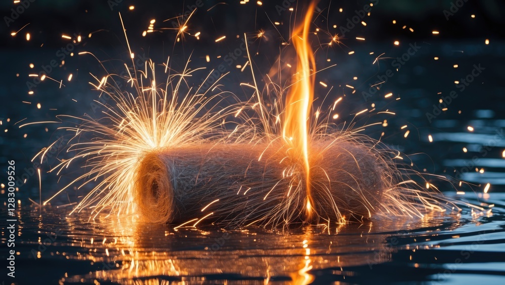 Poster burning rope wrapped in sparks floating on water surface during night time creating dramatic light r