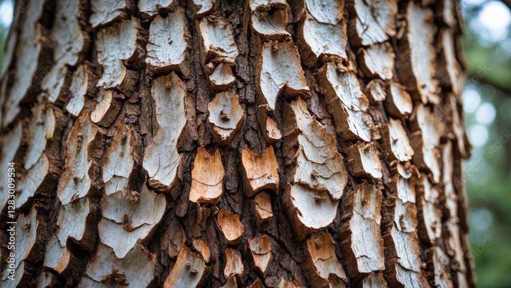 Poster Close-up view of textured tree bark with layered peeling and natural patterns in a forest setting