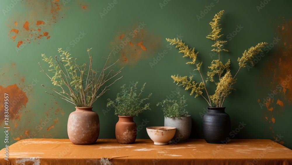 Aufkleber five various ceramic pots with greenery on a rustic table against an artistic green and orange wall 